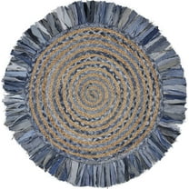 Desert Fields and Evette Rios Cora 3'6" Round Denim Blue Cotton and Jute Striped Fringe Indoor Area Rug