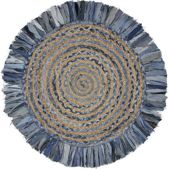 Desert Fields and Evette Rios Cora 3'6" Round Denim Blue Cotton and Jute Striped Fringe Indoor Area Rug