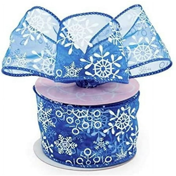 Blue Sheer Snowflake Christmas Ribbon - 2 1/2" x 10 Yards, Wired Edge, White Snowflakes, Gift Wrapping, Wreath