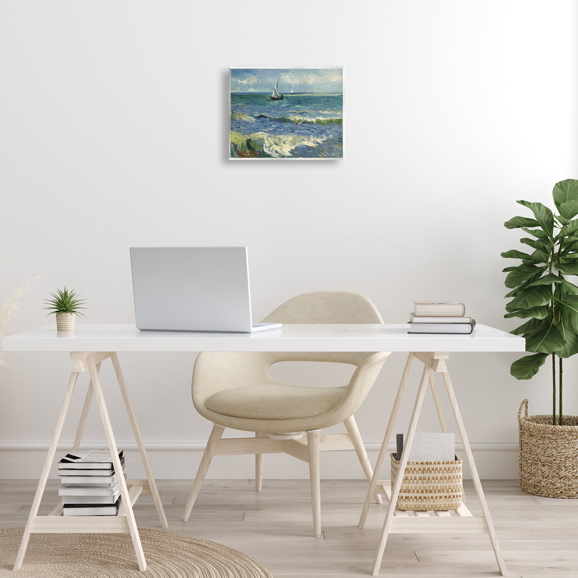 Stupell Industries Classical Seascape with Boat Nautical & Beach Painting Unframed Art Print Wall Art, 14 x 11