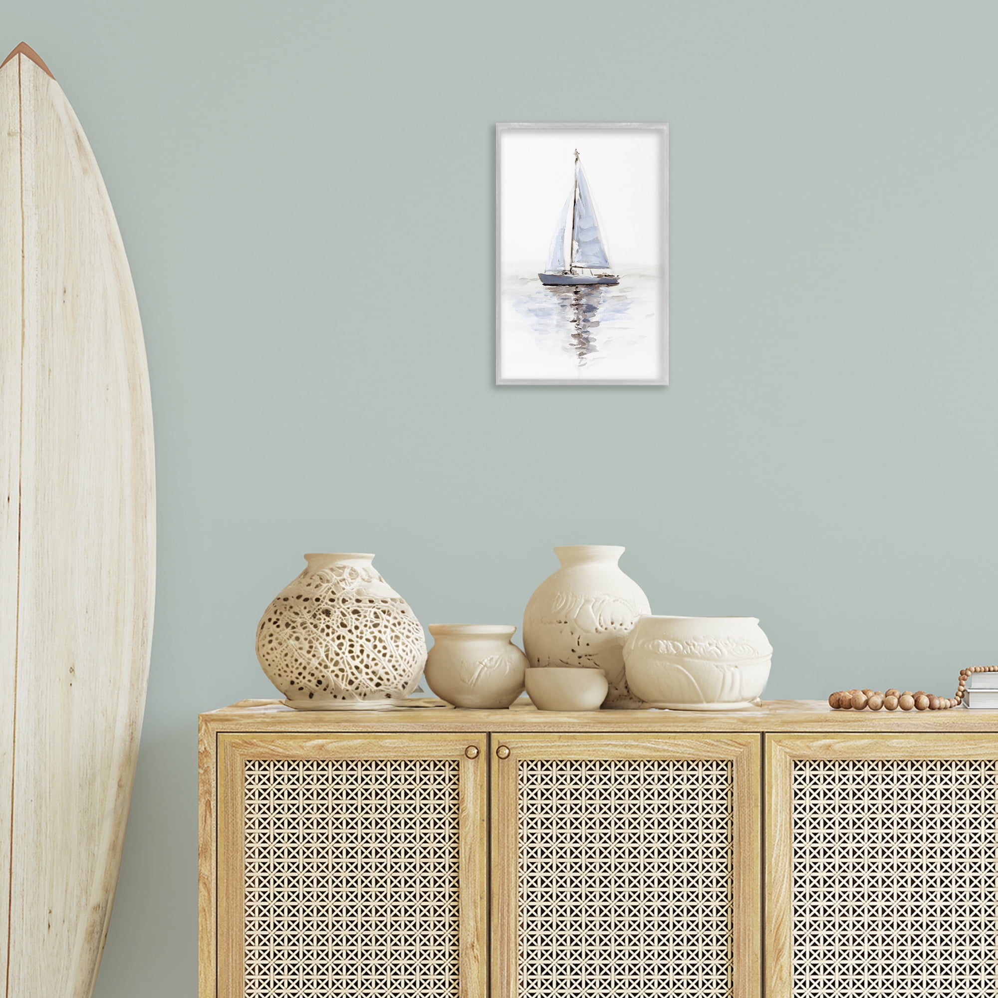Stupell Industries Minimal Sailboat Reflection Transportation Painting Gray Framed Art Print Wall Art, 12 x 18