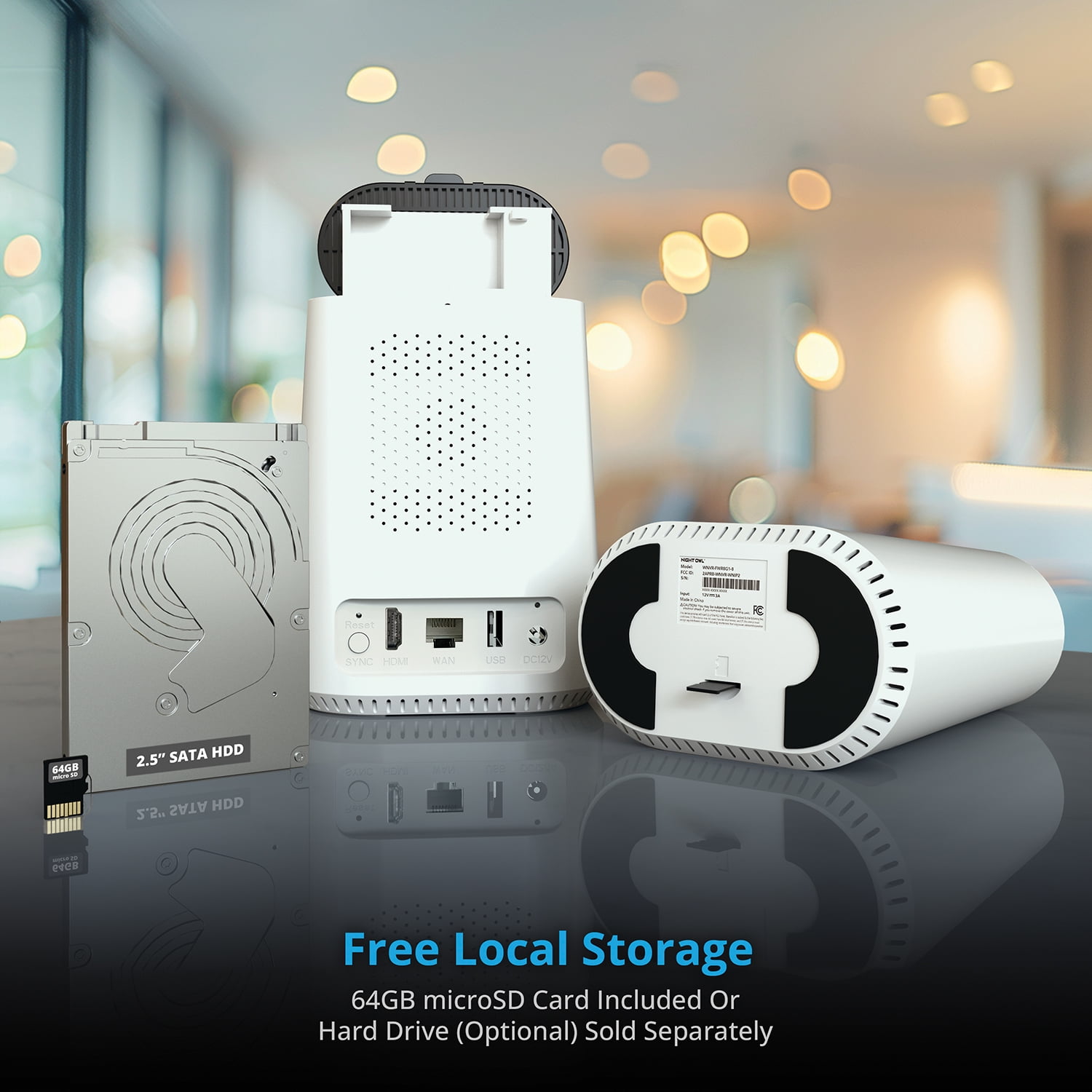 Night Owl Expandable Wi-Fi Security Hub with 64GB microSD Card and 3 Wire Free 2K Deterrence Cameras