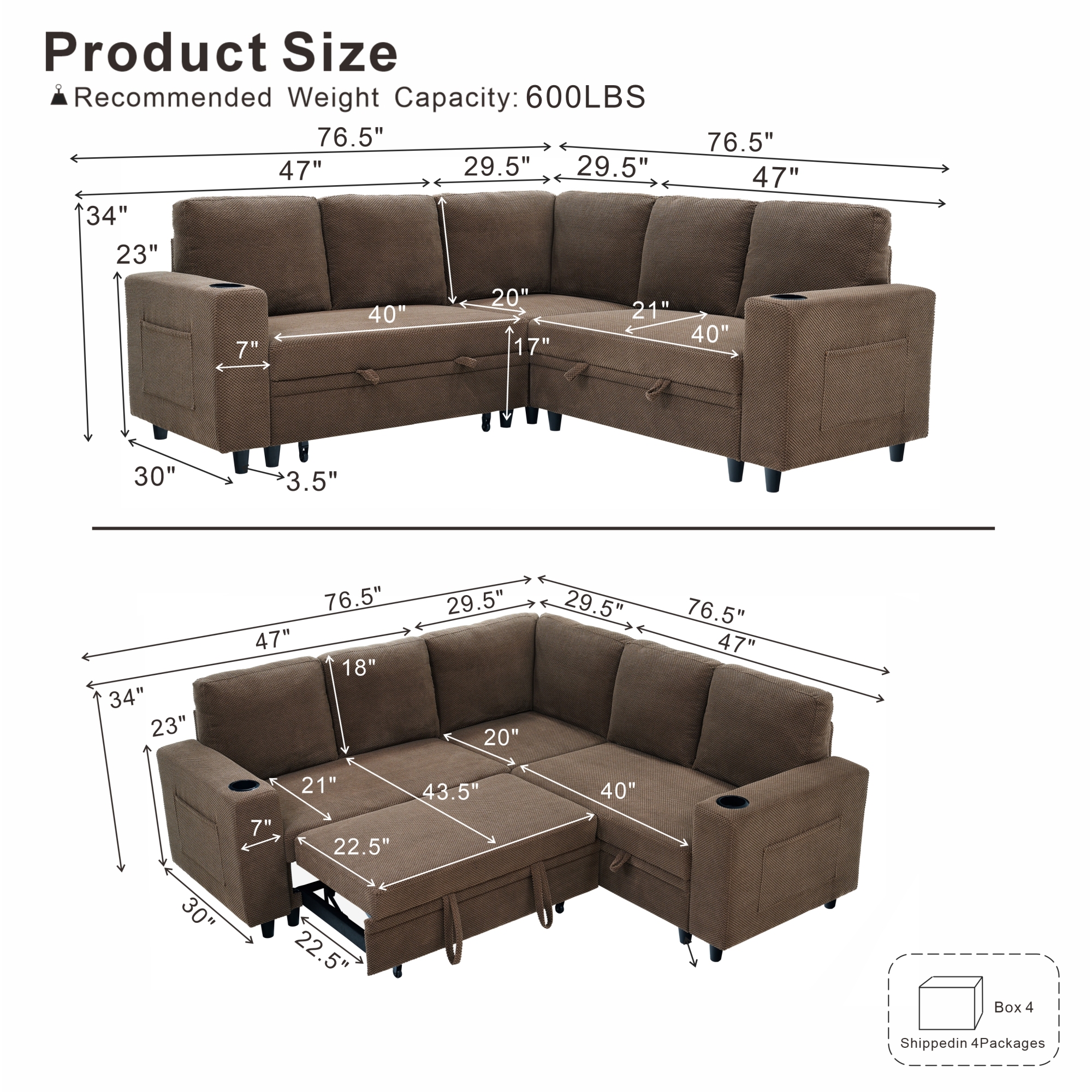 Leumius 76.5" Sectional Sleeper Sofa with Pull Out Bed,Storage Seat & Cup Holders,L-Shape Modern Upholstered Sofa Couch Convertible Corner Couch for Living Room,