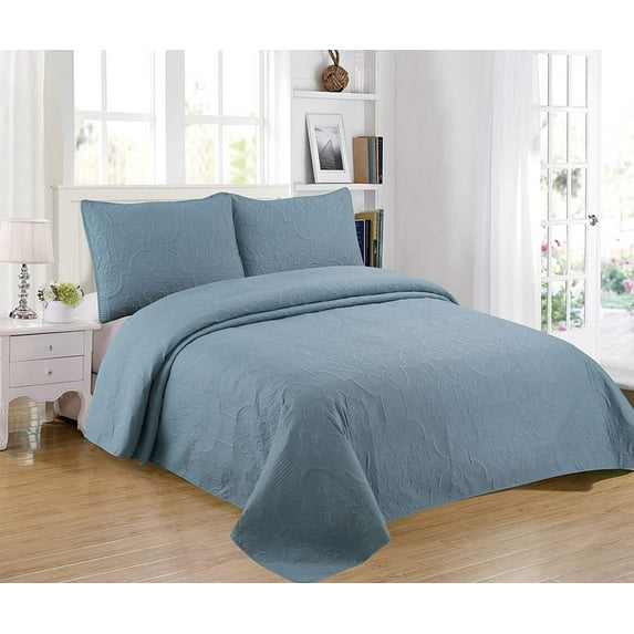 Sapphire Home 3-Piece King/Cal-King Oversize Bedspread Coverlet Bedding Set w/2 Shams, Soft Touch, Solid, Stylish Embossed Pattern, All-Season Oversize Comforter Bed Cover, Emma King Spa Blue