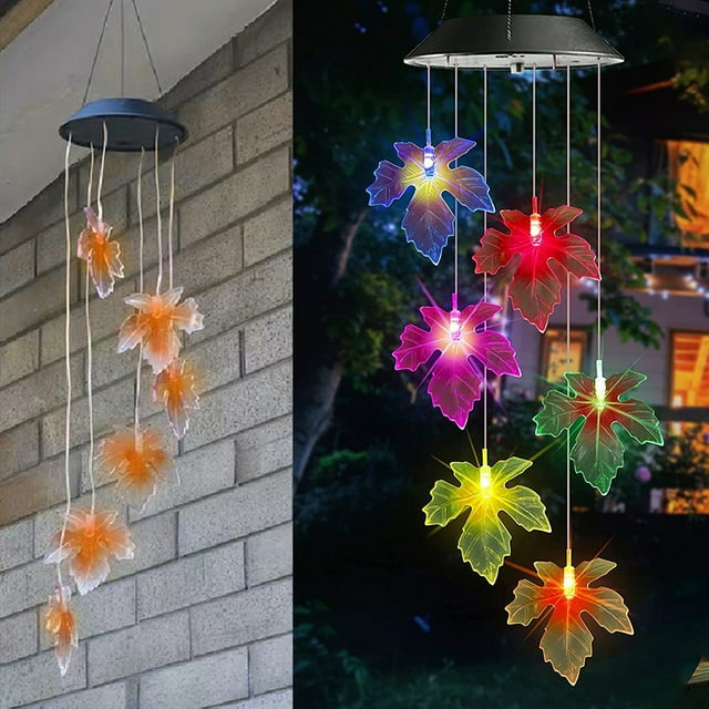 Fiudx Carillón de Viento Solar, Lámpara Colgante y Diseño de Hoja de Arce, Decoración Led Brillante para Jardín, Luz Exterior de Fácil Instalación, Ideal para Balcones y Jardines, Producto Ecológico,