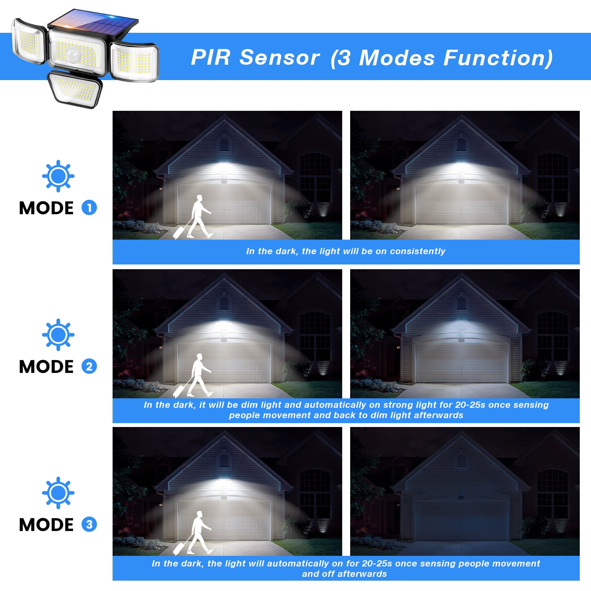 DAYBETTER Solar Lights Outdoor, 4 Heads 3000LM IP65 Waterproof Motion Sensor Security Lights with 278 LEDs, 3 Modes 270° Wide Angle Solar Outdoor Lights for Yard Garden Garage Porch (2 Pack)