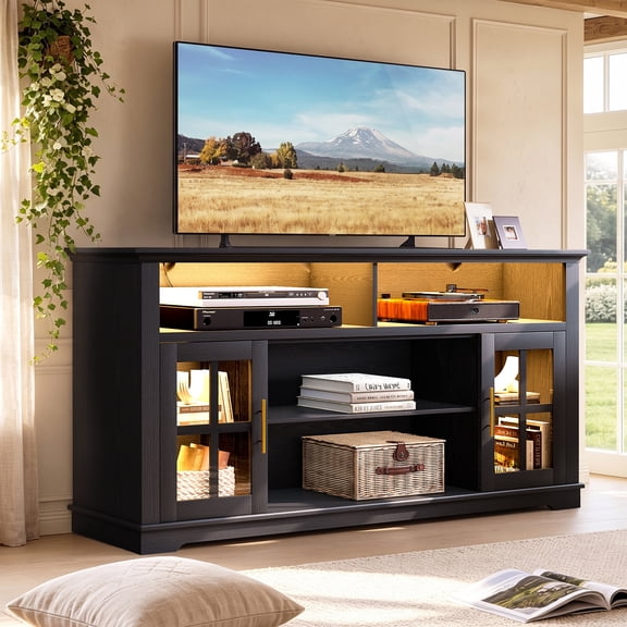 HSUNNS 63 Inch TV Stand with LED Lights for TVs up to 70 Inch, Modern Black Entertainment Center with Storage Cabinets, TV Console Media Cabinet for Living Room
