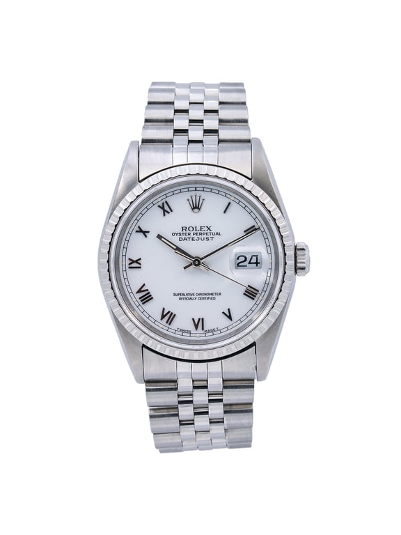Pre-Owned Rolex Datejust 36MM 16220 White Roman Dial Engine Turned Bezel Stainless Steel Jubilee Bracelet