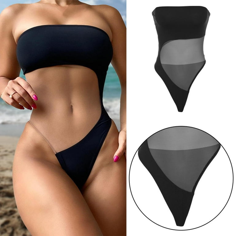 EHQJNJ Swim Romper Swimsuits for Women Plus Size Sexy Hot Girls Swimsuit Splicing Mesh See Through Backless Strapless Slim Sleeveless Collision Color Beach Vacation Temperament Bikini Swimsuit Walmart...