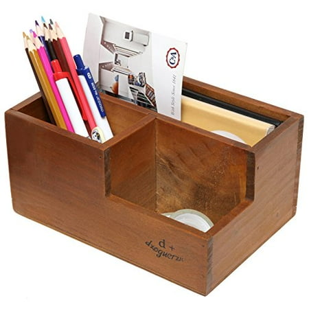 3 Compartment Classic Brown Wood Desktop Office Supply Caddy