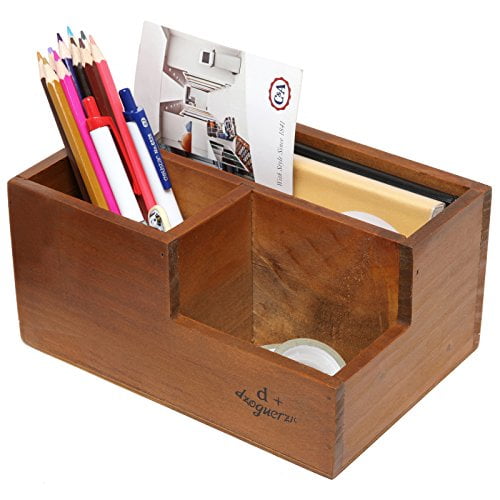 3 Compartment Classic Brown Wood Desktop Office Supply Caddy Pen