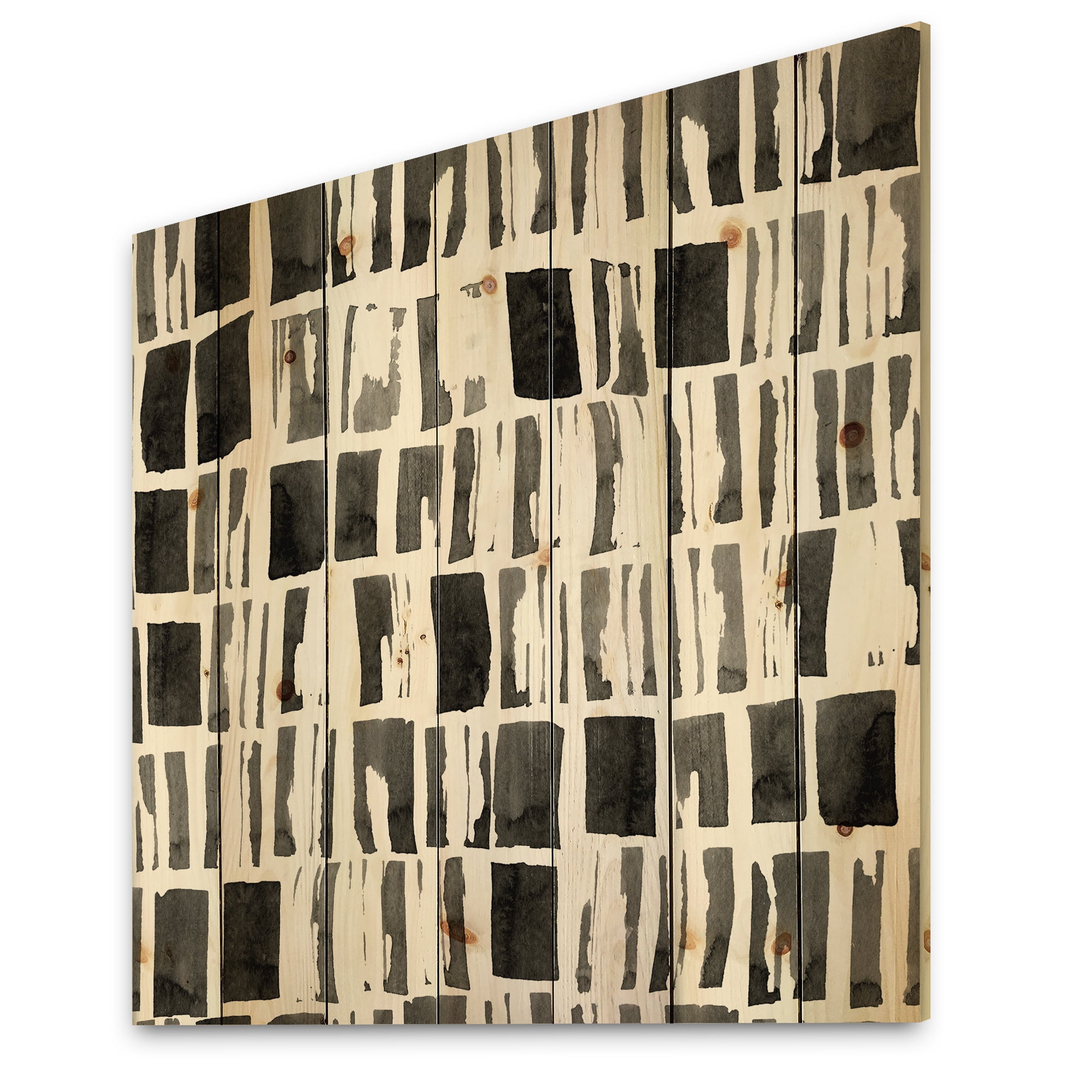 Designart 'Abstract Black and White Bricks' Modern Print on Natural Pine Wood