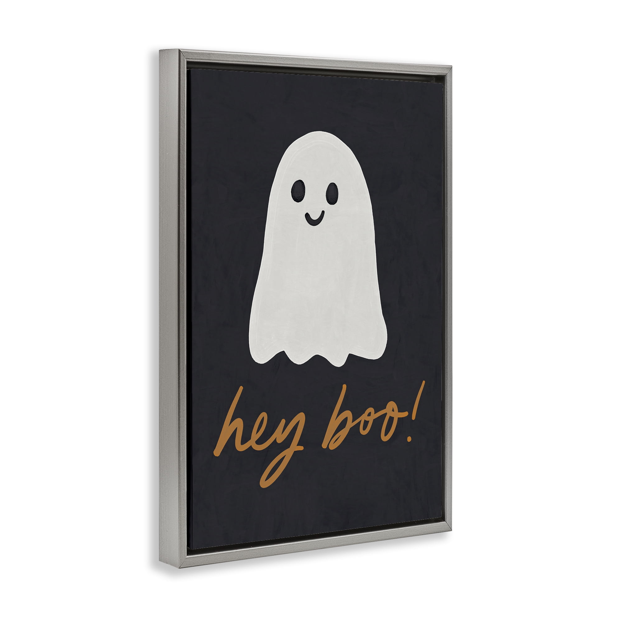 Stupell Industries Hey Boo Spooky Ghost Holiday Painting Gray Floater Framed Canvas Art Print Wall Art, 17 x 25