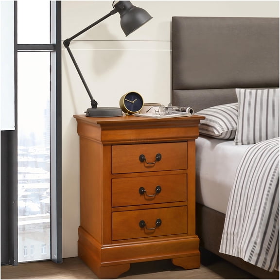 JERFIT Oak Nightstand with 3 Drawers, Solid Wood Bedside Table, Compact Bedroom Dresser, No Assembly Required, Oak Finish