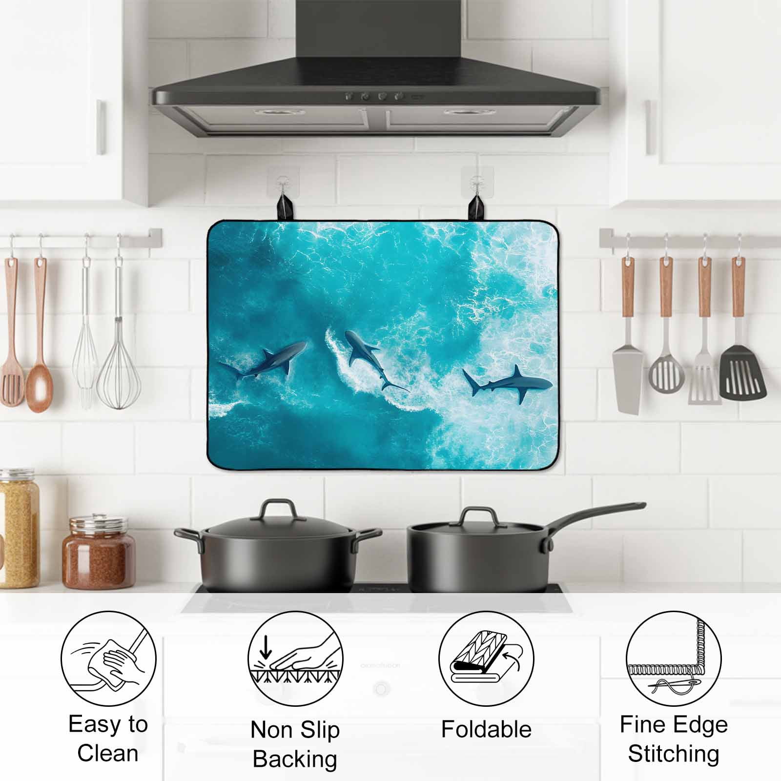 Teal Blue Ocean Shark Stove Top Cover for Electric Stove, Heat-proof & Non Slip Glass Top Stove Cover Protector, Coastal Wave Summer Beach Kitchen Flat Cooktop Rubber Mat 24x21 Inches