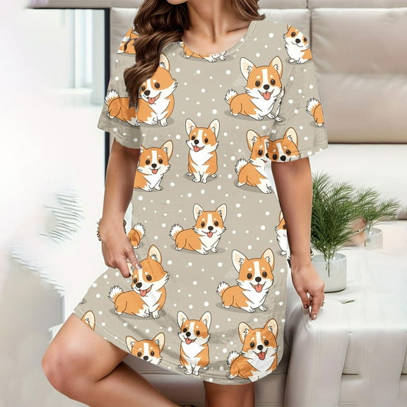 Elvqul Womens Nightgowns Plus Size Holiday Summer Loungewear Print Short Sleeve Comfortable Gray Nighty Crew Neck Oversized Nightgowns