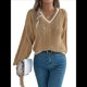 thumbnail image 1 of Suéter Informal de Larga con Cuello en V para Mujer, Jersey de Rayas Moderno de Punto , Suéteres Preppy. Caqui L, 1 of 10