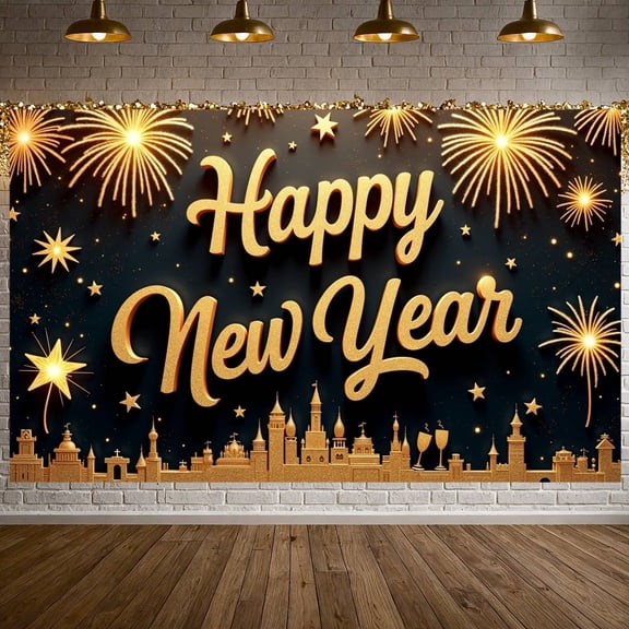 Golden Happy New Year Banner Fireworks Festive Backdrop Stars Sparkling Holiday Background for New Year Party Holiday Celebration Indoor Decoration