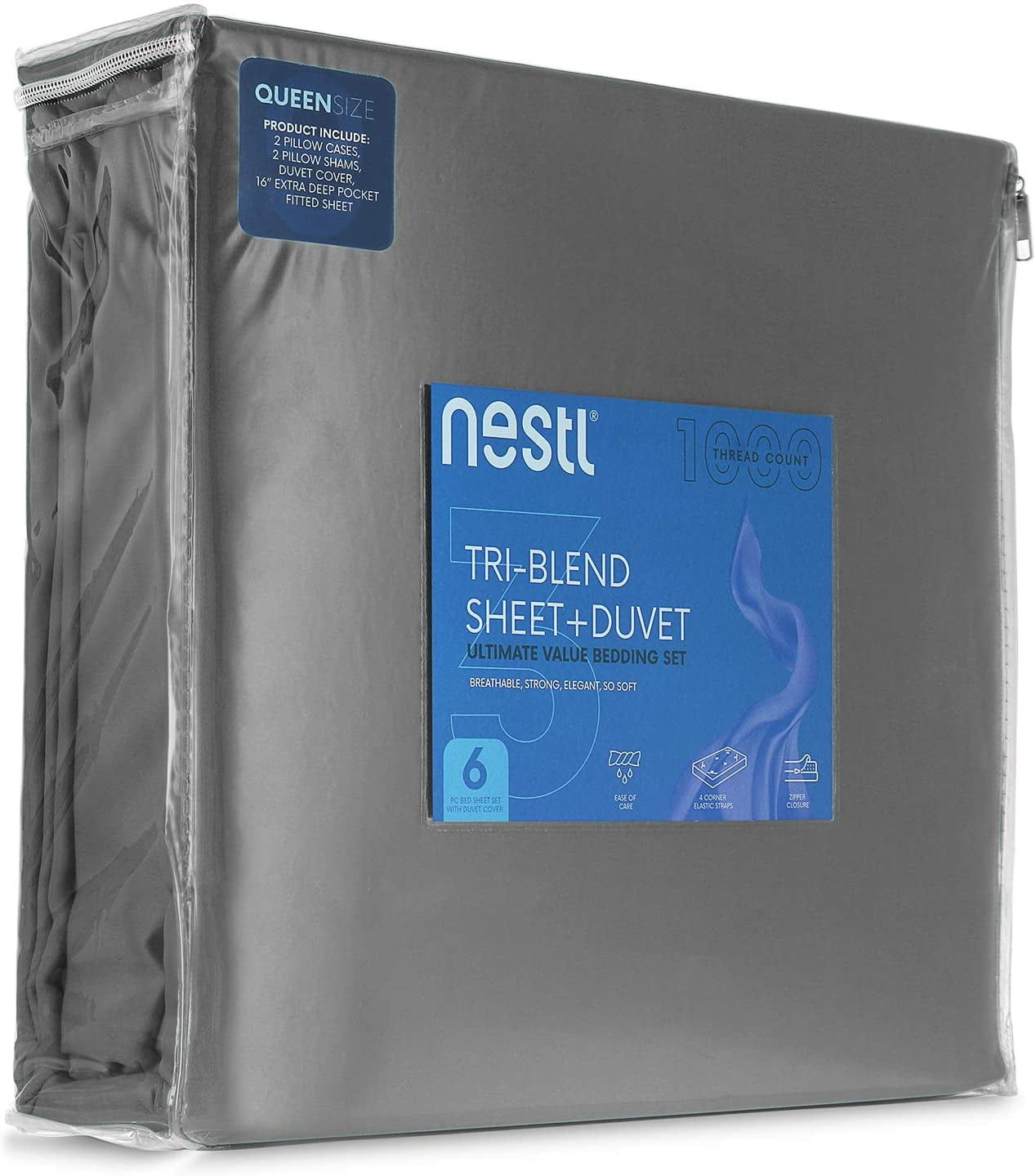 Nestl 1000 Thread Count Premium Cotton Blend 6 Piece Duvet Cover Set, Includes Duvet Cover, Deep Pocket Fitted Sheet, 2 Pillowcases, 2 Pillow Shams - Lightweight, hypoallergenic - Queen, Charcoal Gray