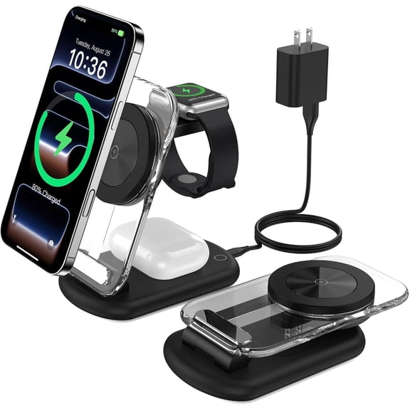 GJX 3 in 1 Magnetic Wireless Charging Station for Devices | Fast Foldable Travel Charger Stand with Night Light for Mag-Enabled Iphone 17 16 15 14 13 12 Series Watch/Airpods Pro