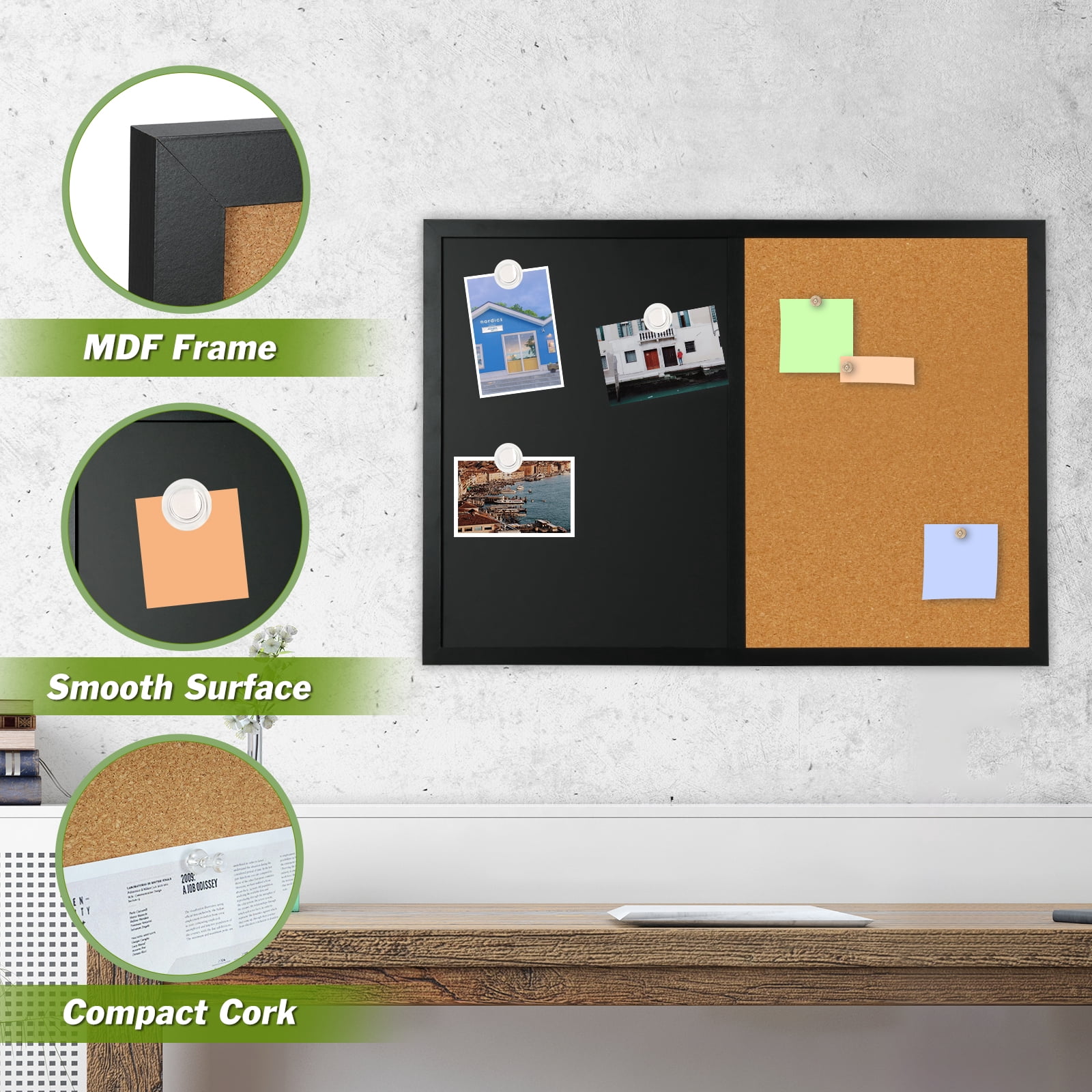 Combination Chalk and Cork Board Half Cork Bulleting Board Half Black Board Combo 16" x 24" Wooden Frame (Wooden Half Cork Half Black Board)