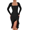 thumbnail image 1 of Women'S Ruched Bodycon Midi Dresses Elegant Mesh Long Sleeve Square Neck Ruffle Hem Cocktail Party Dress, 1 of 8