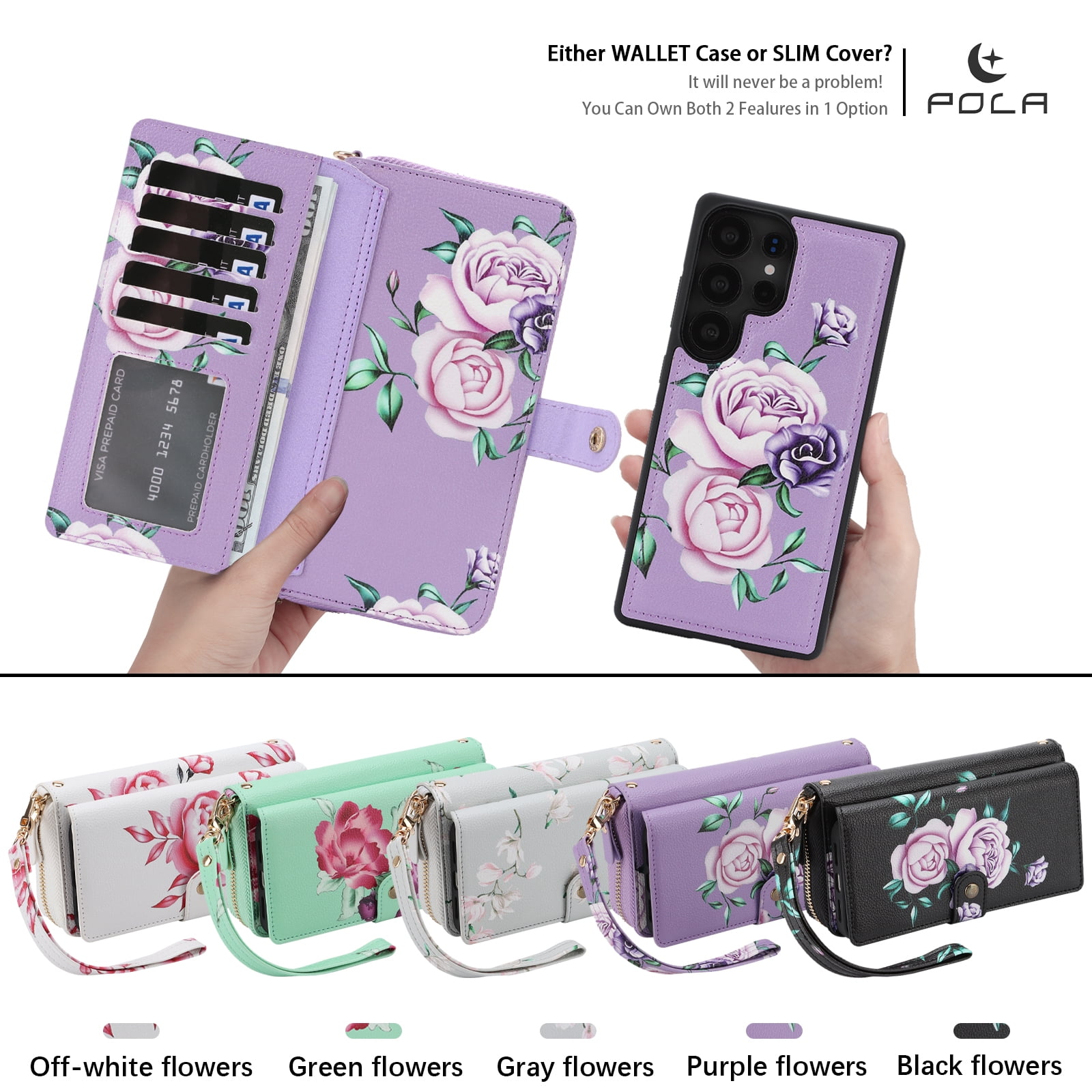 TECH CIRCLE 2-in-1 Wallet Case for Galaxy S23 (6.1", 2023), Detachable Magnetic Back Cover, PU Leather Flip Flower Phone Case with 15 Card Slots, Zipper Pocket, Wrist/Shoulder Strap, Purple