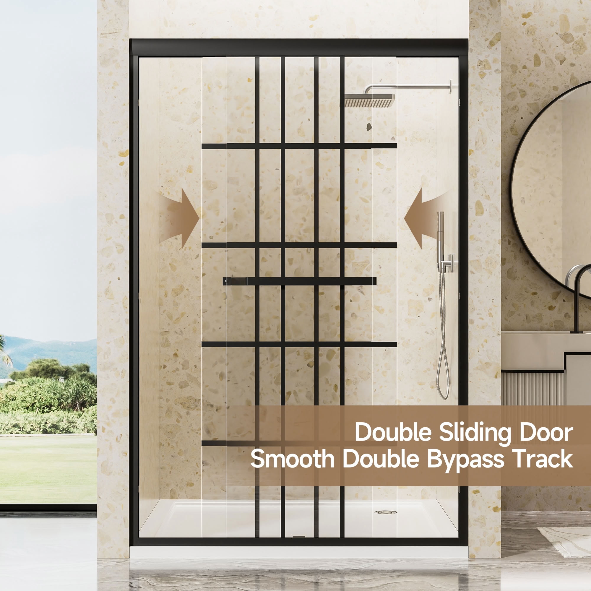 MAYEERTY Double Sliding Shower Door, Matte Black Aluminum Frame, 1/4" Tempered Glass with Nano Self-Cleaning Coating, Waterproof & Reversible Installation