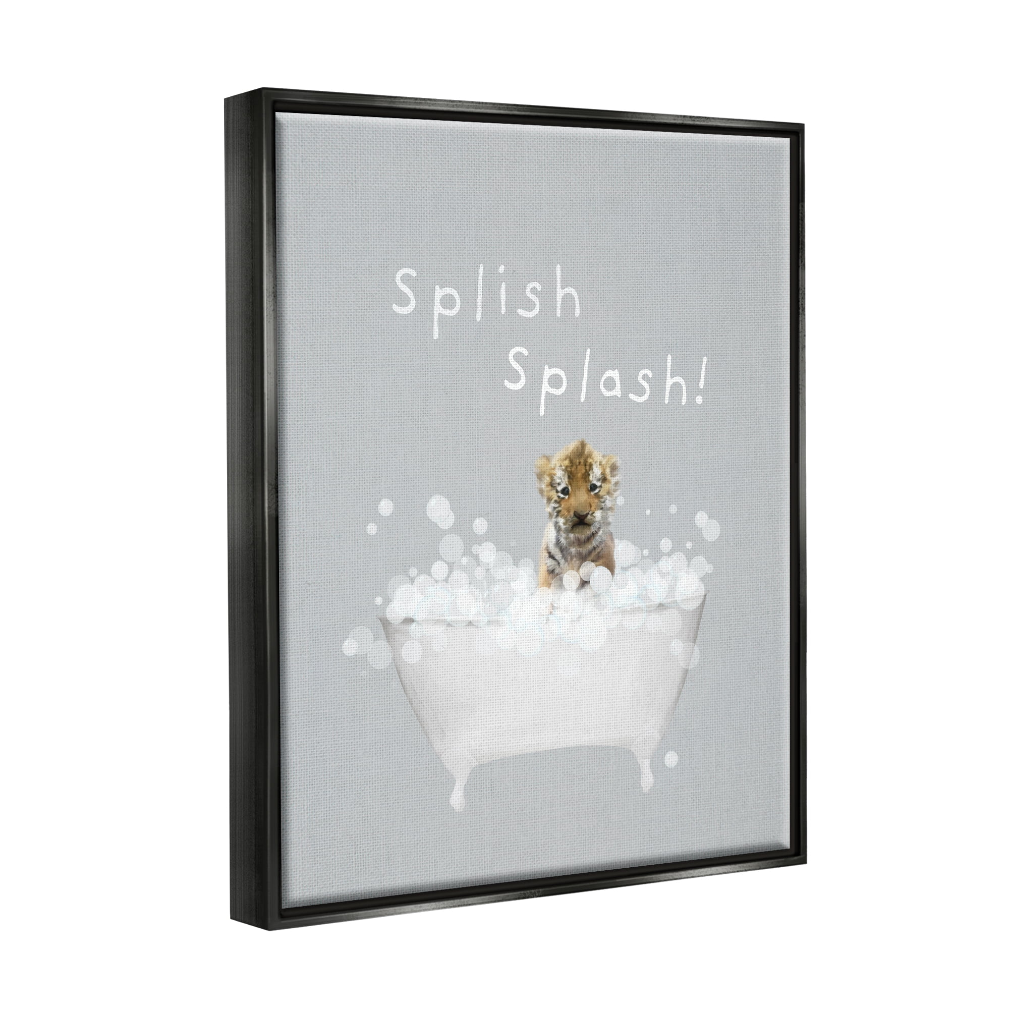 Stupell Industries Splish Splash Baby Tiger Animals & Insects Painting Black Floater Framed Canvas Art Print Wall Art, 17 x 21