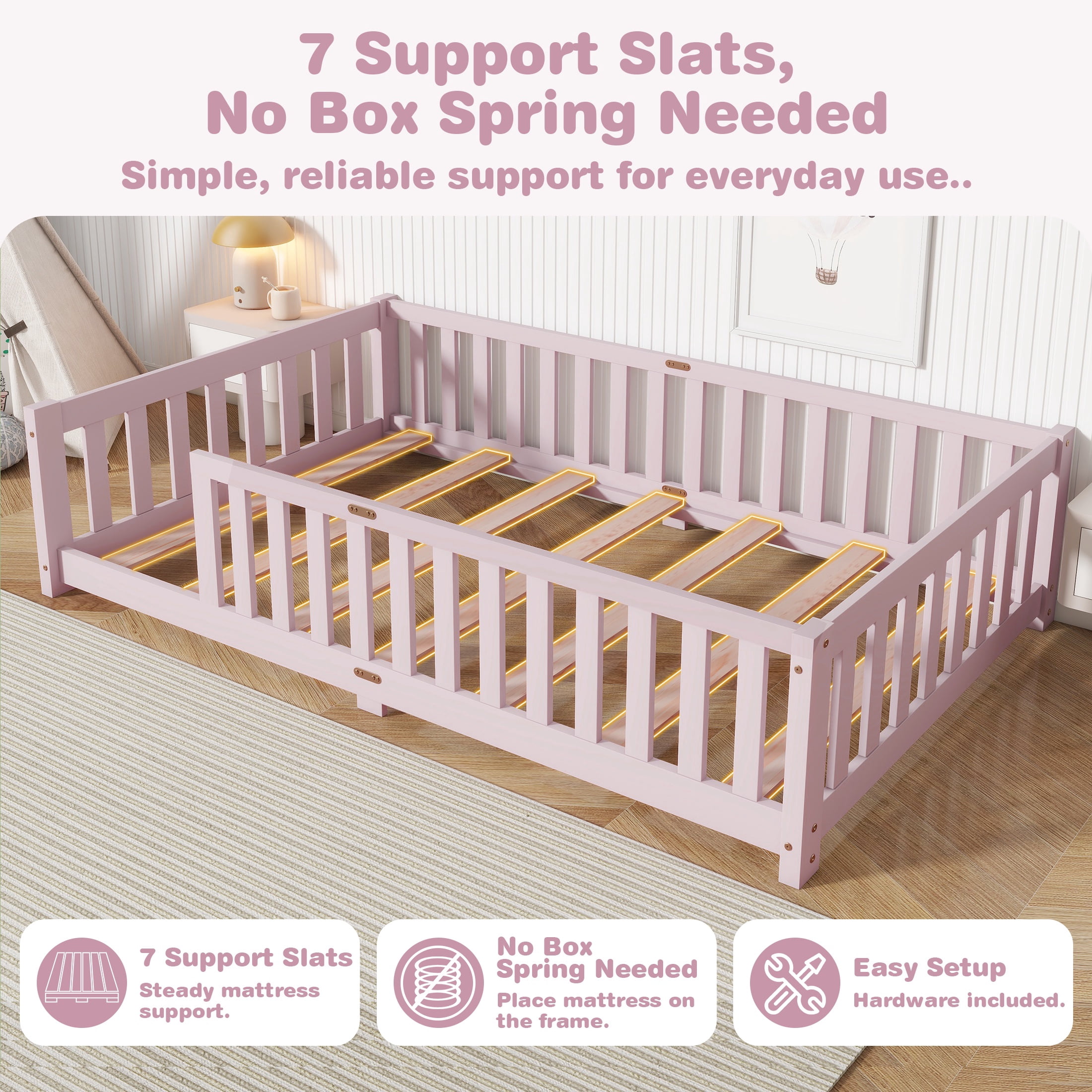 Sesslife Twin Montessori Floor Bed, Wood Twin Size Floor Bed Frame with Safety Guardrails and Slats, Low Profile Toddler Bed for Kids Boys and Girls, No Box Spring Needed, Pink