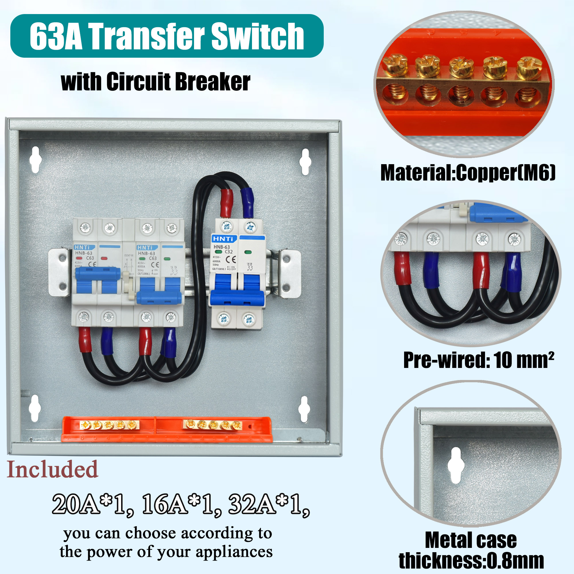 Generator Transfer Switch, 63 Amp Manual Transfer Switch, 120/240-Volt 15,000-Watt Prewired Transfer Switch Kit with 3 Circuit Breaker for Portable Generators, Easy Installation, Upgraded