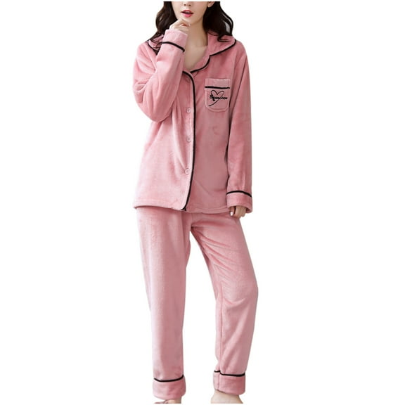 Efsteb Womens Sleepwear Sets Ladies Fashion Flannel Print Pocket Long Sleeve Tops Long Pants Pajama Suit Pink XXL