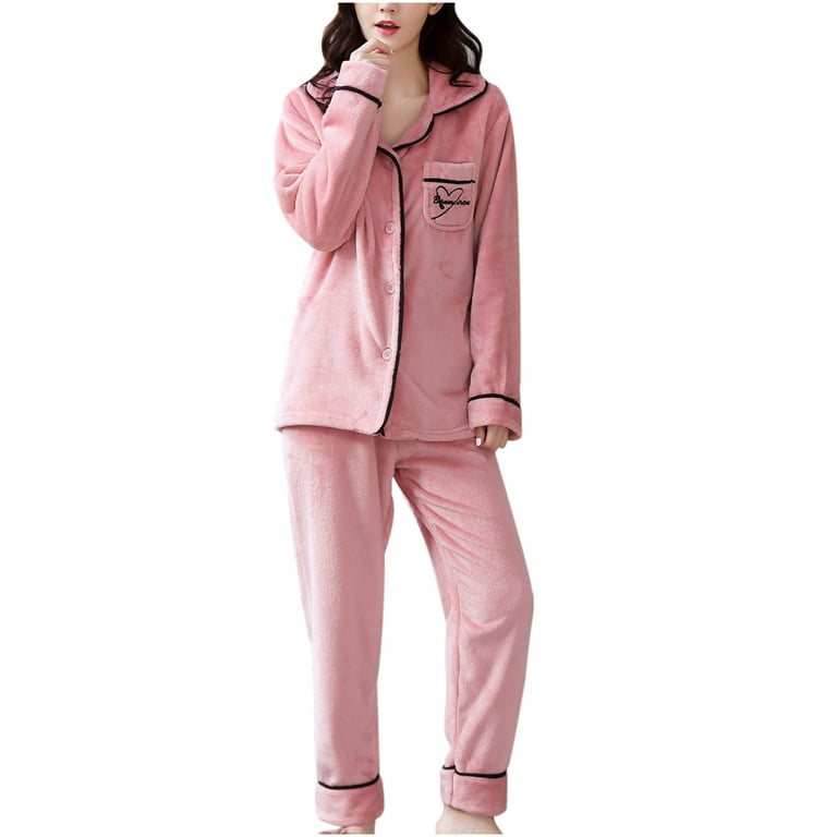 RQYYD Clearance Winter Warm Fleece Plush Pajamas Set for Women Super Soft  Flannel Lounge Homewear Lapel Button Down Tops and Pant Sleepwear Set(Pink, XL) 