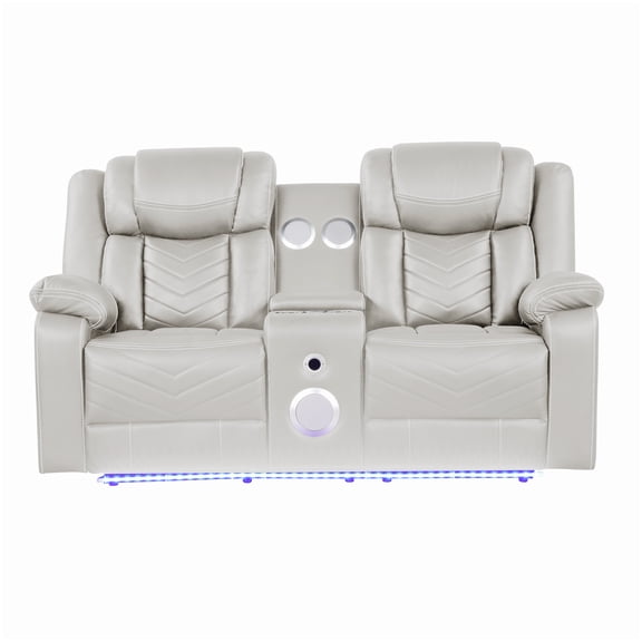 MANGIJOY Power Recliner Loveseat with Bluetooth, USB Charger, Cup Holders, and LED Lights in Beige Faux Leather