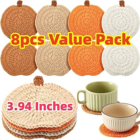 CSEONE Coasters 8pcs Halloween Pumpkin Coasters Knitted Cotton Drink Placemats Set Festive Fall Table Decor Halloween Party Supplies Multicolor