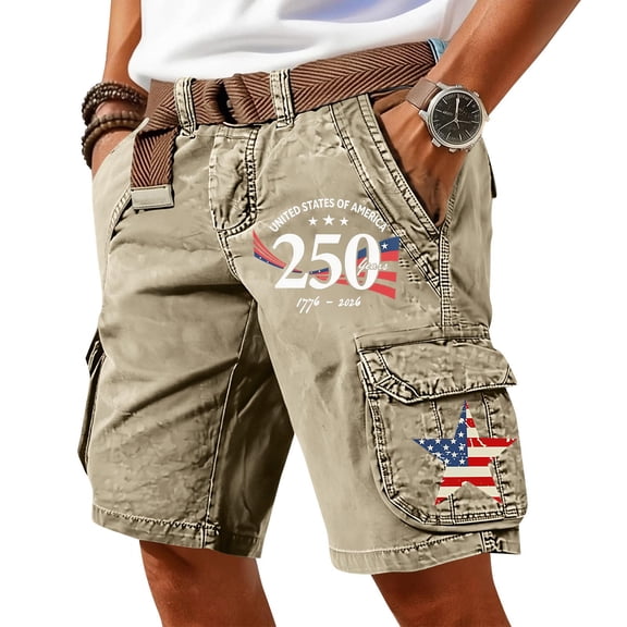 Mens Mermories Day 250th Anniversary Cargo Shorts, Vintage USA Flag Pattern Casual Summer Shorts Cargo Work Pants