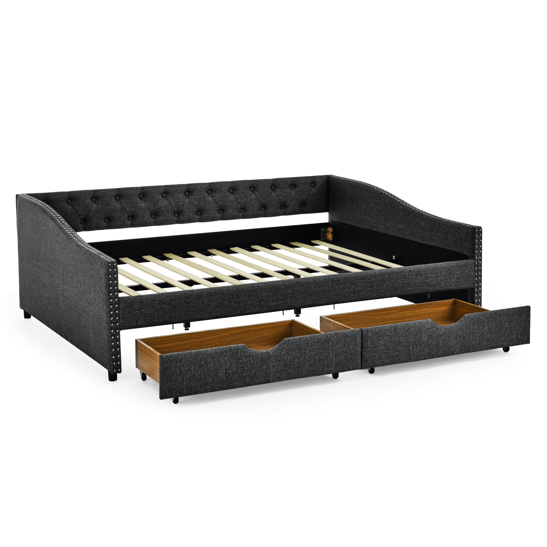 Noble House Queen Size Button Tufted Daybed, Linen Sofa Bed Frame with Storage Drawers and Nailhead Waved Arms, Dark Grey