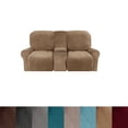 thumbnail image 1 of Housse de Causeuse Inclinable 2024 avec Console Centrale, Housse Extensible en Velours pour Fauteuil Inclinable 2 Places avec Porte-Gobelet, 1 of 10