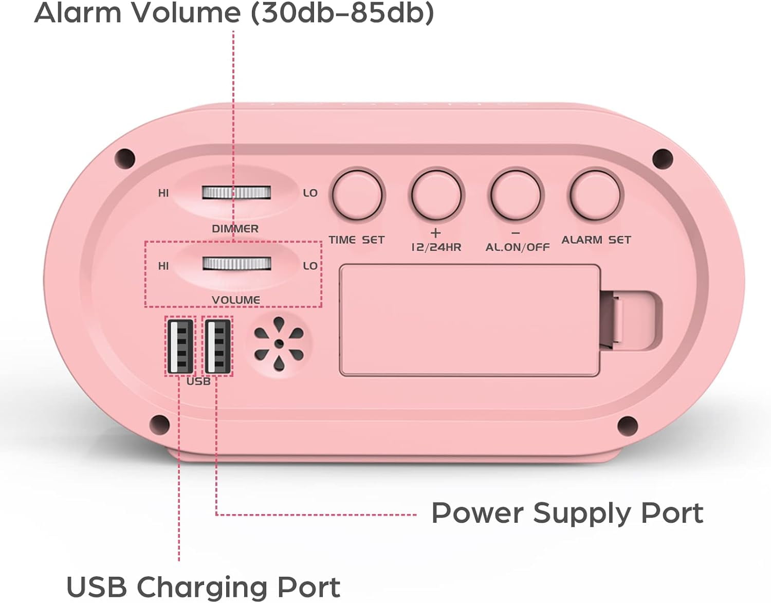 Pink Girls Alarm Clock Dimmable Colorful LED Digital Display USB Phone Charger Port Simple Operation for Kids Adults Adjustable Volume Snooze Small Size Bedrooms Bedside Desk