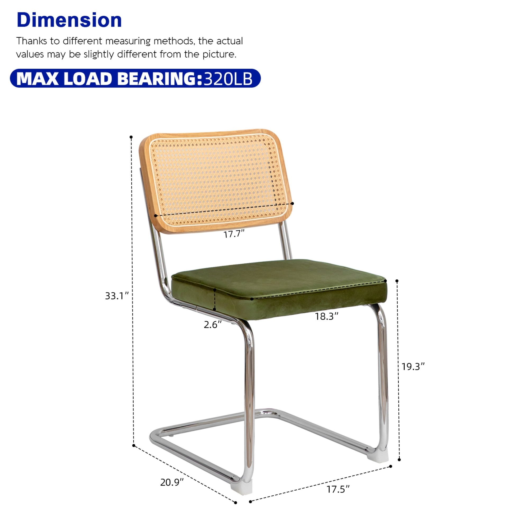 Leumius Set of 2 Dining Chairs, Velvet Rattan Side Accent Chairs with Chrome Legs, Modern Mid Century Breuer Designed Chairs for Dining Living Room Kitchen (Olive Green)