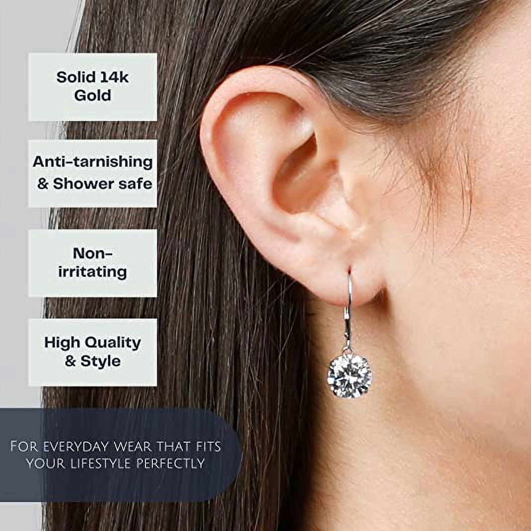 14k Gold Leverback Cubic Zirconia Dangle Earrings for Women | Real White Gold Dangle Earrings | 8 CT.TW 14k Gold Earrings for Women | CZ Cubic Zirconia Drop Earrings by MAX + STONE