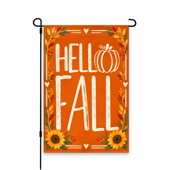 Hello Fall Garden Flag with Pumpkin & Sunflowers, 12 x 18 Inch Autumn Outdoor Decor for Patio, Porch, Lawn, Yard, Seasonal Decorative Display