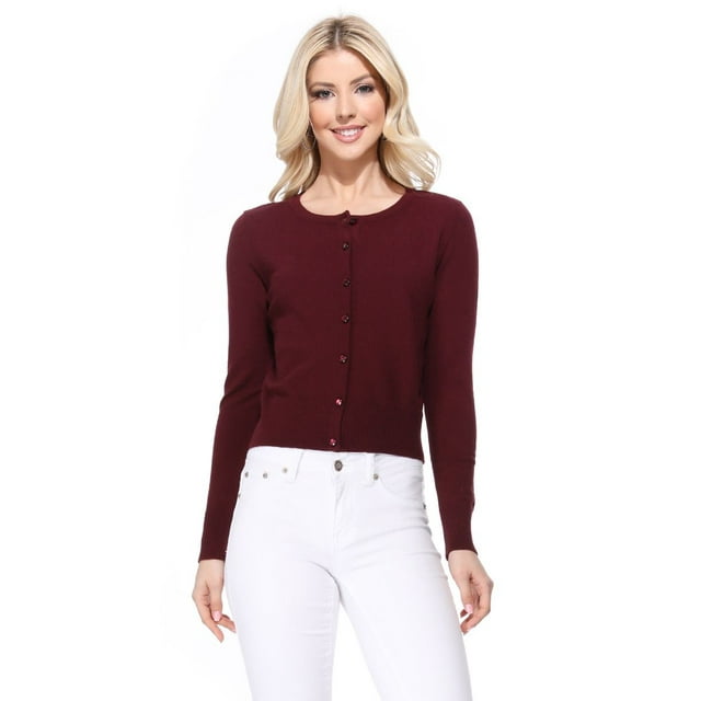 YEMAK Women's Long Sleeve Crewneck Cropped Button Down Cardigan Sweater MK5502BurgundyL