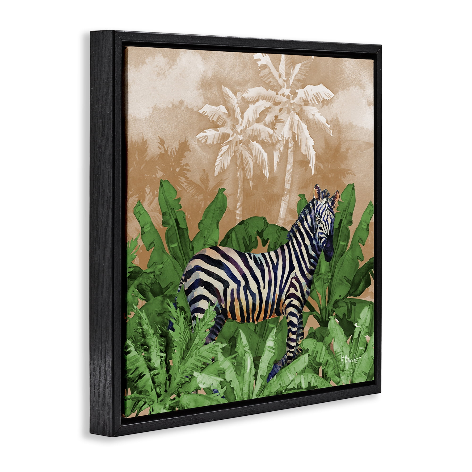 Stupell Industries Jungle Life Zebra Animals & Insects Painting Black Floater Framed Canvas Art Print Wall Art, 25 x 25
