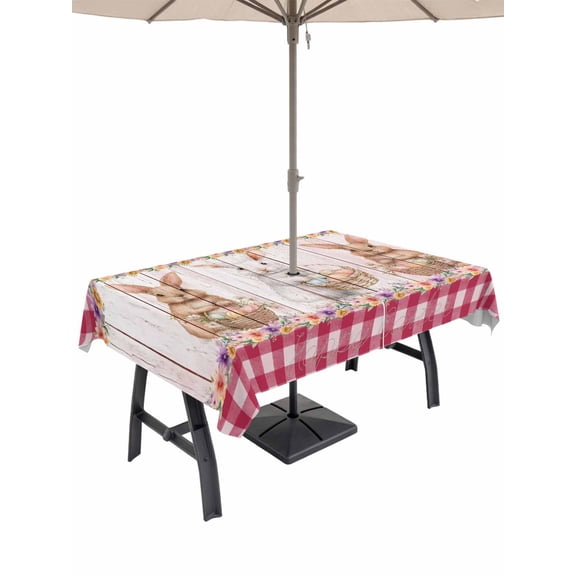 Easter Bunny Eggs Outdoor Tablecloth - 60x120 Inch Rectangle Dining Table Cover, Spring Wildflowers Plants Pink Farm Plaid Waterproof Outdoor Table Cloth with Umbrella Hole & Zipper for Picnic/Patio