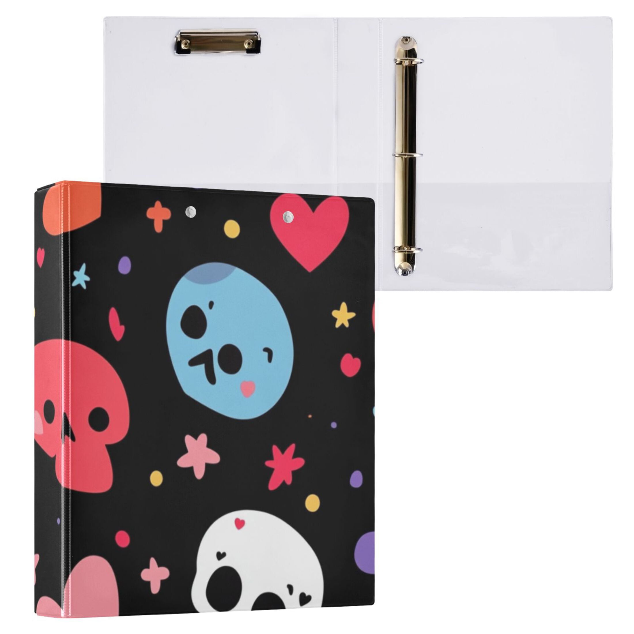 Hearts Skulls 3 Ring Binders 1.5 inch Hardcover File Folders with Interior Pockets A4 Size Organizer for School Office Hospital