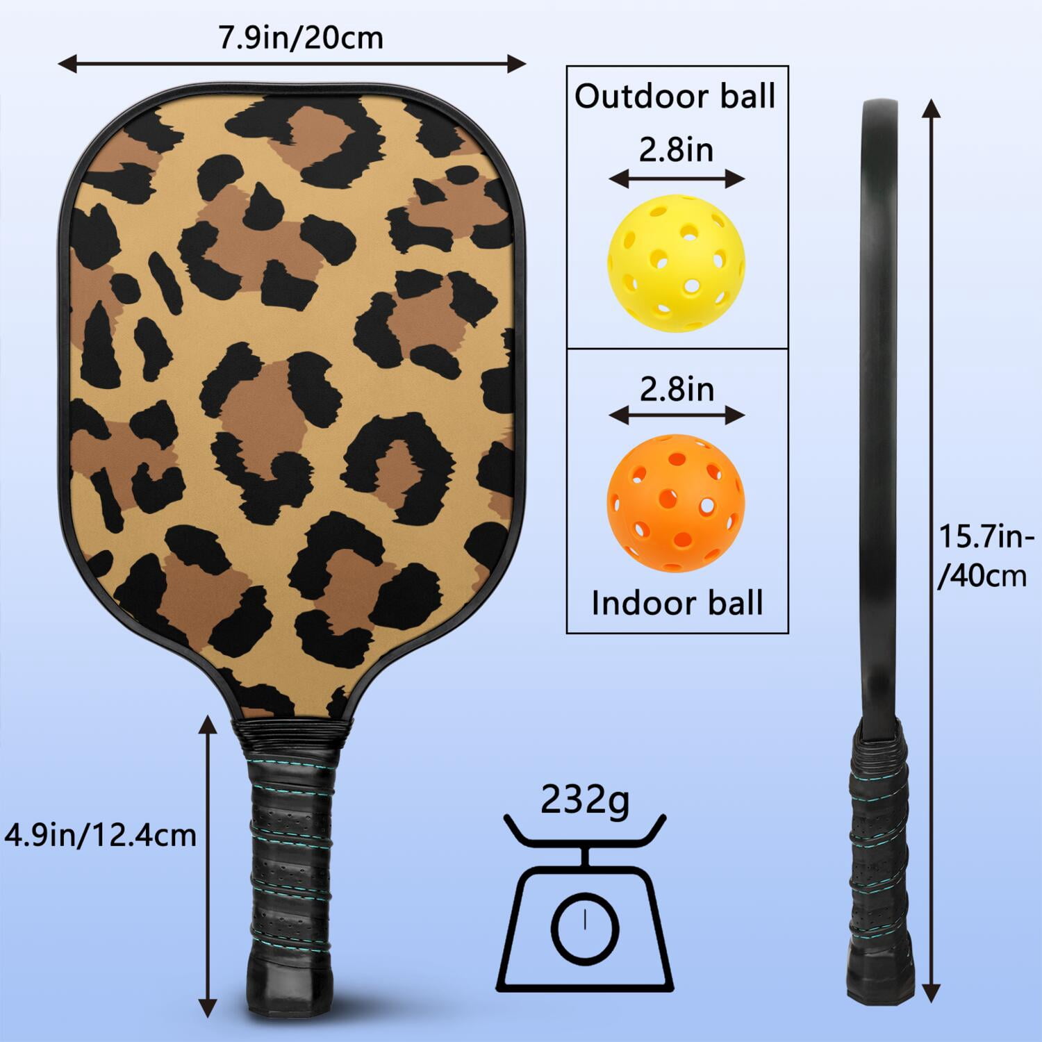 Pickleball Paddles Set Of 2, Fiberglass Surface, Animal, Leopard Print, 4 Balls & Bag