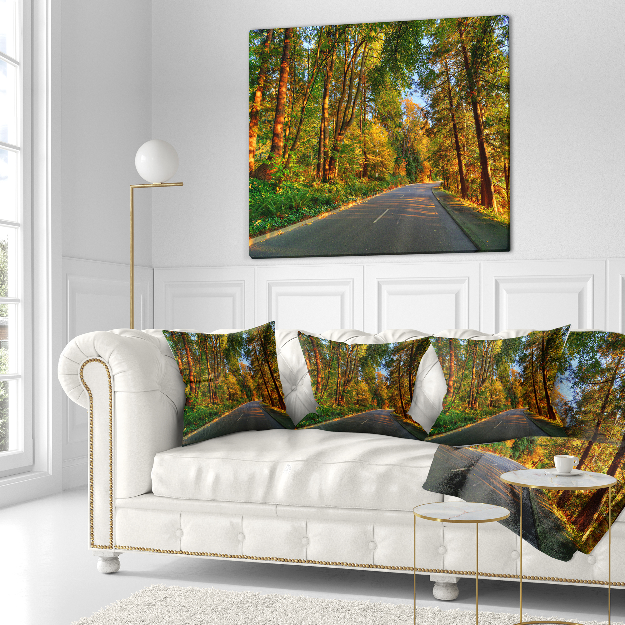 Designart Road Through Yellow Forest - Landscape Printed Throw Pillow - 16x16