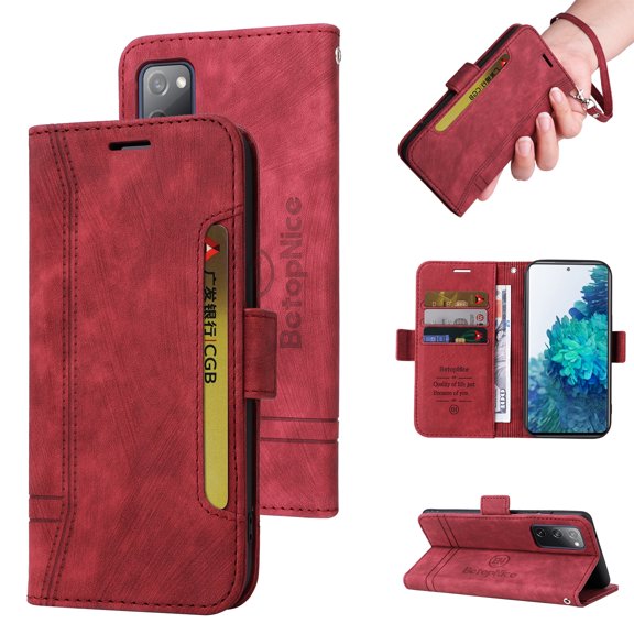 TECH CIRCLE Case for Samsung Galaxy S20 FE/Lite,Shockproof Premium PU Leather ID Credit Card Holder Wallet Case Magnetic Flip Kickstand Phone Cover with Hand Strap,Red