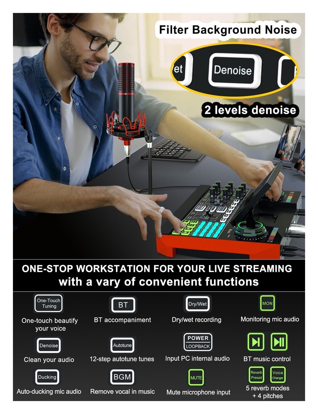 Audio Interface USB Podcast Equipment Bundle Mixer & Vocal Effects, G10 Sound Card Board Voice Changer, DJ Mixer For Live Stream ,Clear Sound